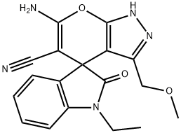 6-amino-3-(methoxymethyl)-2,4-dihydropyrano[2,3-c]pyrazole-5-carbonitrile-4-spiro-3'-(1'-ethyl-1',3'-dihydro-2'H-indol-2'-one) 结构式