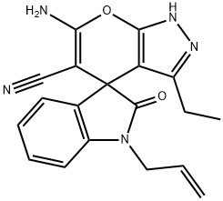 6-amino-3-ethyl-2,4-dihydropyrano[2,3-c]pyrazole-5-carbonitrile-4-spiro-3'-(1'-allyl-1',3'-dihydro-2'H-indol-2'-one) 结构式