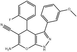 6-amino-4-(2-fluorophenyl)-3-(3-methoxyphenyl)-2,4-dihydropyrano[2,3-c]pyrazole-5-carbonitrile 结构式