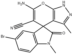 6-amino-5'-bromo-1',3-dimethyl-1',2,3',4-tetrahydro-2'-oxospiro(pyrano[2,3-c]pyrazole-4,3'-[2'H]-indole)-5-carbonitrile 结构式