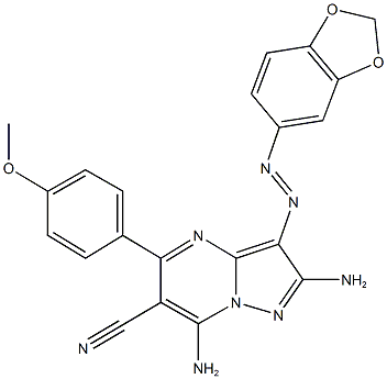 2,7-diamino-3-(1,3-benzodioxol-5-yldiazenyl)-5-(4-methoxyphenyl)pyrazolo[1,5-a]pyrimidine-6-carbonitrile 结构式