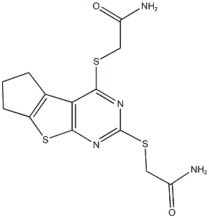 2-({2-[(2-amino-2-oxoethyl)sulfanyl]-6,7-dihydro-5H-cyclopenta[4,5]thieno[2,3-d]pyrimidin-4-yl}sulfanyl)acetamide 结构式