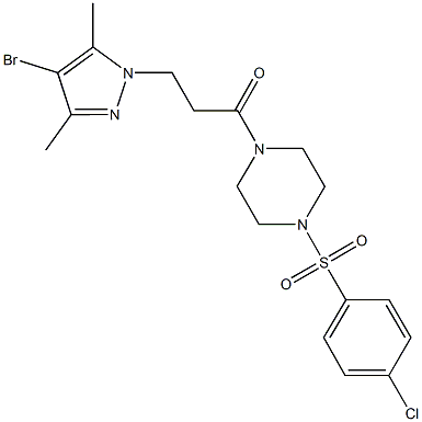 1-[3-(4-bromo-3,5-dimethyl-1H-pyrazol-1-yl)propanoyl]-4-[(4-chlorophenyl)sulfonyl]piperazine 结构式