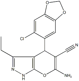 6-amino-4-(6-chloro-1,3-benzodioxol-5-yl)-3-ethyl-1,4-dihydropyrano[2,3-c]pyrazole-5-carbonitrile 结构式