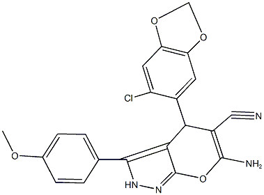 6-amino-4-(6-chloro-1,3-benzodioxol-5-yl)-3-(4-methoxyphenyl)-2,4-dihydropyrano[2,3-c]pyrazole-5-carbonitrile 结构式