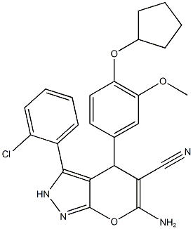 6-amino-3-(2-chlorophenyl)-4-[4-(cyclopentyloxy)-3-methoxyphenyl]-2,4-dihydropyrano[2,3-c]pyrazole-5-carbonitrile 结构式