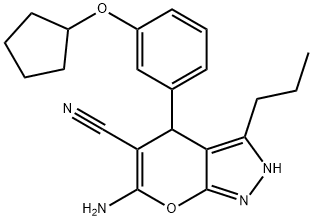 6-amino-4-[3-(cyclopentyloxy)phenyl]-3-propyl-2,4-dihydropyrano[2,3-c]pyrazole-5-carbonitrile 结构式