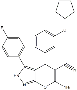 6-amino-4-[3-(cyclopentyloxy)phenyl]-3-(4-fluorophenyl)-2,4-dihydropyrano[2,3-c]pyrazole-5-carbonitrile 结构式