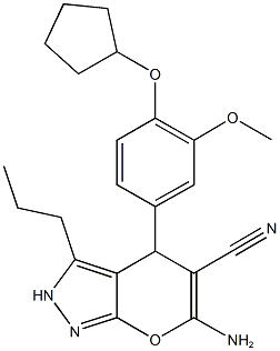 6-amino-4-[4-(cyclopentyloxy)-3-methoxyphenyl]-3-propyl-2,4-dihydropyrano[2,3-c]pyrazole-5-carbonitrile 结构式