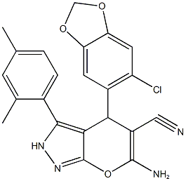 6-amino-4-(6-chloro-1,3-benzodioxol-5-yl)-3-(2,4-dimethylphenyl)-2,4-dihydropyrano[2,3-c]pyrazole-5-carbonitrile 结构式