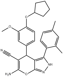 6-amino-4-[4-(cyclopentyloxy)-3-methoxyphenyl]-3-(2,4-dimethylphenyl)-2,4-dihydropyrano[2,3-c]pyrazole-5-carbonitrile 结构式