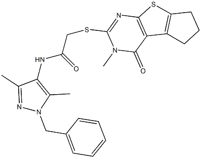 N-(1-benzyl-3,5-dimethyl-1H-pyrazol-4-yl)-2-[(3-methyl-4-oxo-3,5,6,7-tetrahydro-4H-cyclopenta[4,5]thieno[2,3-d]pyrimidin-2-yl)sulfanyl]acetamide 结构式