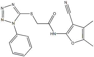 N-(3-cyano-4,5-dimethyl-2-furyl)-2-[(1-phenyl-1H-tetraazol-5-yl)sulfanyl]acetamide 结构式