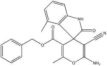 benzyl 6'-amino-5'-cyano-2',4-dimethyl-2-oxo-1,3-dihydrospiro[2H-indole-3,4'-(4'H)-pyran]-3'-carboxylate 结构式