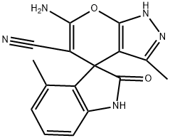 6'-amino-3',4-dimethyl-2-oxo-1,1',3,4'-tetrahydrospiro(2H-indole-3,4'-pyrano[2,3-c]pyrazole)-5'-carbonitrile 结构式