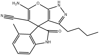 6'-amino-3'-butyl-4-methyl-2-oxo-1,1',3,4'-tetrahydrospiro(2H-indole-3,4'-pyrano[2,3-c]pyrazole)-5'-carbonitrile 结构式