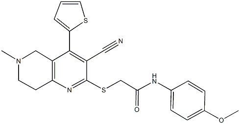 2-{[3-cyano-6-methyl-4-(2-thienyl)-5,6,7,8-tetrahydro[1,6]naphthyridin-2-yl]sulfanyl}-N-(4-methoxyphenyl)acetamide 结构式