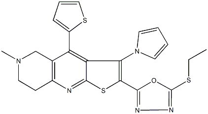 ethyl 5-[6-methyl-3-(1H-pyrrol-1-yl)-4-(2-thienyl)-5,6,7,8-tetrahydrothieno[2,3-b][1,6]naphthyridin-2-yl]-1,3,4-oxadiazol-2-yl sulfide 结构式