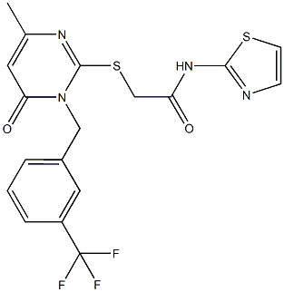 2-({4-methyl-6-oxo-1-[3-(trifluoromethyl)benzyl]-1,6-dihydro-2-pyrimidinyl}sulfanyl)-N-(1,3-thiazol-2-yl)acetamide 结构式