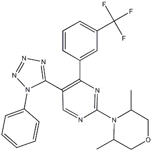 3,5-dimethyl-4-{5-(1-phenyl-1H-tetraazol-5-yl)-4-[3-(trifluoromethyl)phenyl]-2-pyrimidinyl}morpholine 结构式