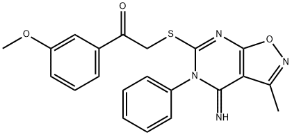 2-[(4-imino-3-methyl-5-phenyl-4,5-dihydroisoxazolo[5,4-d]pyrimidin-6-yl)sulfanyl]-1-(3-methoxyphenyl)ethanone 结构式