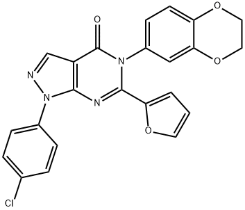 1-(4-chlorophenyl)-5-(2,3-dihydro-1,4-benzodioxin-6-yl)-6-(2-furyl)-1,5-dihydro-4H-pyrazolo[3,4-d]pyrimidin-4-one 结构式