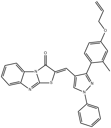 2-({3-[4-(allyloxy)-2-methylphenyl]-1-phenyl-1H-pyrazol-4-yl}methylene)[1,3]thiazolo[3,2-a]benzimidazol-3(2H)-one 结构式