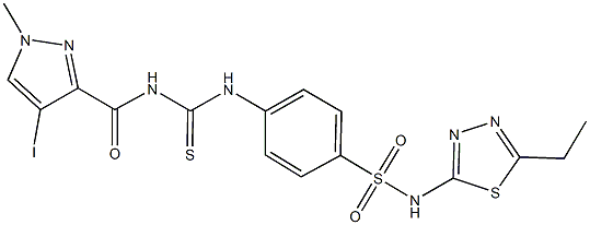 N-(5-ethyl-1,3,4-thiadiazol-2-yl)-4-[({[(4-iodo-1-methyl-1H-pyrazol-3-yl)carbonyl]amino}carbothioyl)amino]benzenesulfonamide 结构式