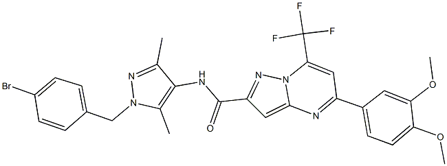 N-[1-(4-bromobenzyl)-3,5-dimethyl-1H-pyrazol-4-yl]-5-(3,4-dimethoxyphenyl)-7-(trifluoromethyl)pyrazolo[1,5-a]pyrimidine-2-carboxamide 结构式
