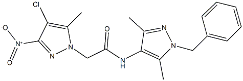 N-(1-benzyl-3,5-dimethyl-1H-pyrazol-4-yl)-2-{4-chloro-3-nitro-5-methyl-1H-pyrazol-1-yl}acetamide 结构式