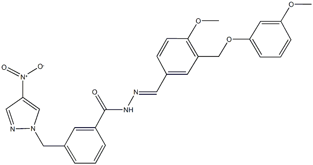 3-({4-nitro-1H-pyrazol-1-yl}methyl)-N'-{4-methoxy-3-[(3-methoxyphenoxy)methyl]benzylidene}benzohydrazide 结构式