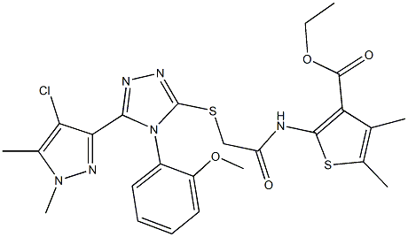 ethyl 2-[({[5-(4-chloro-1,5-dimethyl-1H-pyrazol-3-yl)-4-(2-methoxyphenyl)-4H-1,2,4-triazol-3-yl]sulfanyl}acetyl)amino]-4,5-dimethyl-3-thiophenecarboxylate 结构式