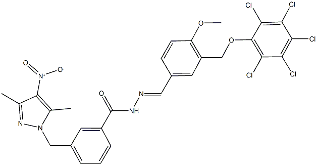 3-({4-nitro-3,5-dimethyl-1H-pyrazol-1-yl}methyl)-N'-{4-methoxy-3-[(2,3,4,5,6-pentachlorophenoxy)methyl]benzylidene}benzohydrazide 结构式