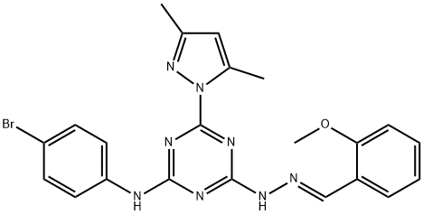 2-methoxybenzaldehyde [4-(4-bromoanilino)-6-(3,5-dimethyl-1H-pyrazol-1-yl)-1,3,5-triazin-2-yl]hydrazone 结构式