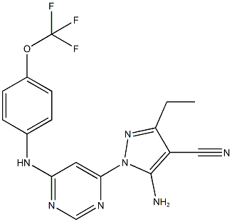 5-amino-3-ethyl-1-{6-[4-(trifluoromethoxy)anilino]-4-pyrimidinyl}-1H-pyrazole-4-carbonitrile 结构式