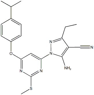5-amino-3-ethyl-1-[6-(4-isopropylphenoxy)-2-(methylsulfanyl)-4-pyrimidinyl]-1H-pyrazole-4-carbonitrile 结构式
