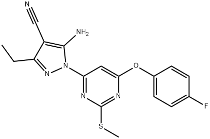 5-amino-3-ethyl-1-[6-(4-fluorophenoxy)-2-(methylsulfanyl)-4-pyrimidinyl]-1H-pyrazole-4-carbonitrile 结构式