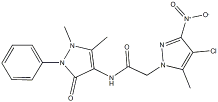 2-{4-chloro-3-nitro-5-methyl-1H-pyrazol-1-yl}-N-(1,5-dimethyl-3-oxo-2-phenyl-2,3-dihydro-1H-pyrazol-4-yl)acetamide 结构式