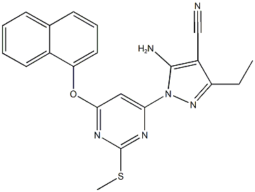 5-amino-3-ethyl-1-[2-(methylsulfanyl)-6-(1-naphthyloxy)-4-pyrimidinyl]-1H-pyrazole-4-carbonitrile 结构式