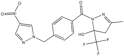 1-[4-({4-nitro-1H-pyrazol-1-yl}methyl)benzoyl]-3-methyl-5-(trifluoromethyl)-4,5-dihydro-1H-pyrazol-5-ol 结构式