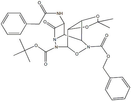 13-benzyl 6-tert-butyl 10,10-dimethyl-4-oxo-3-[(phenylacetyl)amino]-9,11,14-trioxa-5,6,13-triazatetracyclo[5.5.2.0~2,5~.0~8,12~]tetradecane-6,13-dicarboxylate 结构式