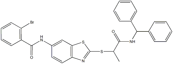 N-(2-{[2-(benzhydrylamino)-1-methyl-2-oxoethyl]sulfanyl}-1,3-benzothiazol-6-yl)-2-bromobenzamide 结构式