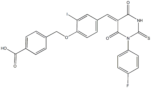 4-({4-[(1-(4-fluorophenyl)-4,6-dioxo-2-thioxotetrahydro-5(2H)-pyrimidinylidene)methyl]-2-iodophenoxy}methyl)benzoic acid 结构式