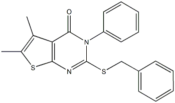 2-(benzylsulfanyl)-5,6-dimethyl-3-phenylthieno[2,3-d]pyrimidin-4(3H)-one 结构式