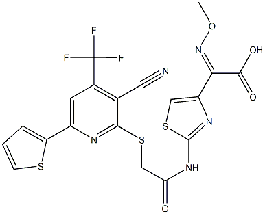 {2-[({[3-cyano-6-thien-2-yl-4-(trifluoromethyl)pyridin-2-yl]sulfanyl}acetyl)amino]-1,3-thiazol-4-yl}(methoxyimino)acetic acid 结构式