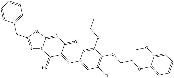 2-benzyl-6-{3-chloro-5-ethoxy-4-[2-(2-methoxyphenoxy)ethoxy]benzylidene}-5-imino-5,6-dihydro-7H-[1,3,4]thiadiazolo[3,2-a]pyrimidin-7-one 结构式