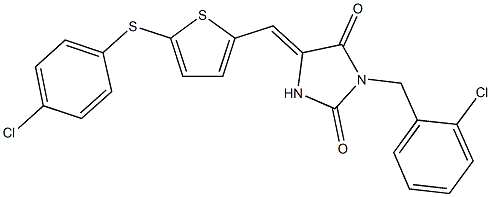 3-(2-chlorobenzyl)-5-({5-[(4-chlorophenyl)sulfanyl]thien-2-yl}methylene)imidazolidine-2,4-dione 结构式