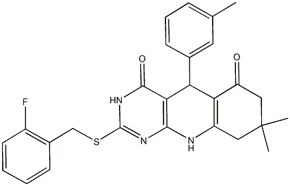 2-[(2-fluorobenzyl)sulfanyl]-8,8-dimethyl-5-(3-methylphenyl)-5,8,9,10-tetrahydropyrimido[4,5-b]quinoline-4,6(3H,7H)-dione 结构式