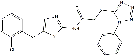 N-[5-(2-chlorobenzyl)-1,3-thiazol-2-yl]-2-[(1-phenyl-1H-tetraazol-5-yl)sulfanyl]acetamide 结构式