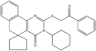 3-cyclohexyl-2-[(2-oxo-2-phenylethyl)sulfanyl]-5,6-dihydrospiro(benzo[h]quinazoline-5,1'-cyclopentane)-4(3H)-one 结构式